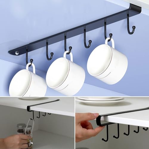 2 Pack Storage Mug Hooks Rack Under Cabinet Each with Fixed Sticker, 6 Hooks Cup Holder Hanger, Ties Belts Scarf Hanging Hook Rack, Mug Hook Hanger Under Shelf Without Drilling Kitchen Utensil Hanger - image 6