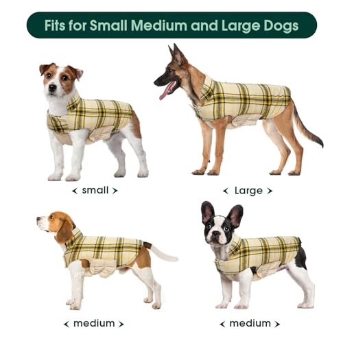 Image of Kuoser Waterproof Dog Coat, Warm Reversible Dog Jacket with Leash Hole | Soft Cozy Dog Cold Weather Coats for Rainy Snow Days, Lightweight Jacket for Large Dogs, Xmas Dogs Snowsuit Yellow 3XL