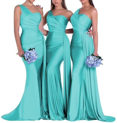 Image of One Shoulder Bridesmaid Dresses for Wedding Long Satin Bodycon Prom Dress Mermaid Formal Evening Gowns