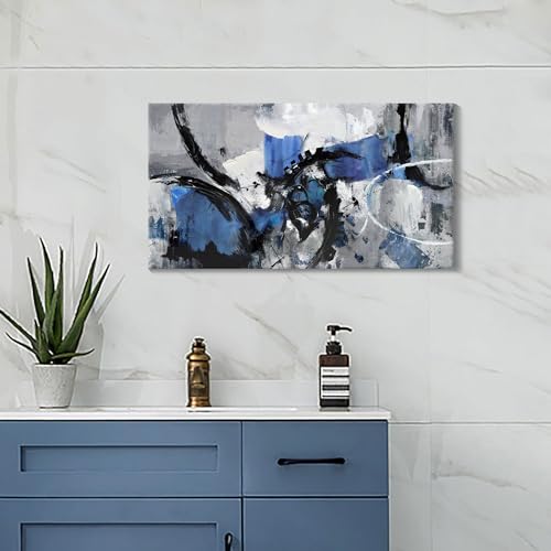 Image of Abstract Canvas Wall Art: Large Wall Art for Living Room, Bedroom & Gray Office Decorations for Work, Framed Artwork - Modern Decor with Blue & Black Paintings
