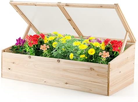 COSTWAY Wooden Greenhouse, Bottomless Plant Flower Cold Frame with Transparent Top Cover and Supporting Rods, Garden Balcony Backyard Vegetable Planter, 100 x 50 x 58cm