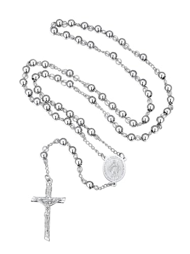 FaithHeart Collier Chapelet Catholique en Acier Inoxydable pour Femme, Chaîne Rosaire de 66cm avec Pendentif Crucifix et Médaille Vierge Marie, Bijou...