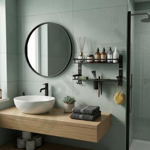 Image of GRIVAN Stainless Steel 2-Tier Bathroom Accessories Set - Heavy Duty Bathroom Shelves with Dual Soap Holder, Toothbrush Holder & Tumbler | Wall Mounted Bathroom Organizer (Black Matte)