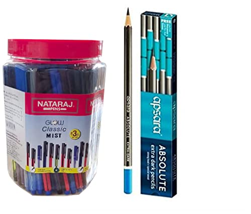 Image of Nataraj GCM Ball Pen Jar & Apsara Absolute Extra Dark Pencils - Pack of 10