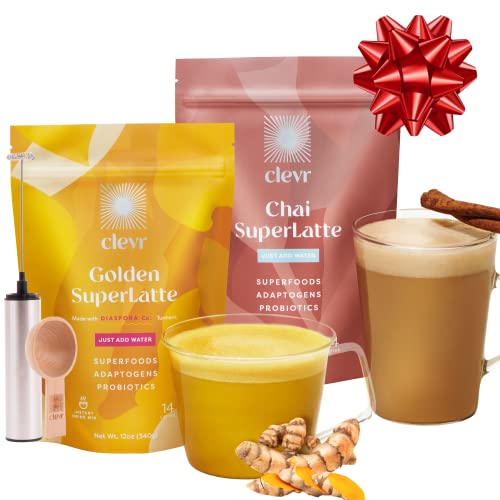 Clevr Blends Starter Kit (2-pack) Chai Tea & Golden Turmeric Powder SuperLattes Instant Latte Mix Oat Milk Coconut Creamer, Lion’s Mane Reishi Mushrooms, Organic Spices, Probiotics, Includes Frother