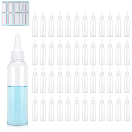 TRENDBOX 2oz Clear Plastic Bottles Applicator with Twist Top Cap BPA-Free For Hair Oils and Liquids 48 Pack with 48pcs Labels