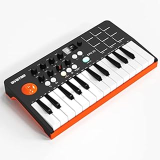 HXW EMK-25 USB MIDI Keyboard Controller With Bluetooth, Features Waterfall Keybed, 9 Backlit Drum Pads, 8 Knobs, OLED Display