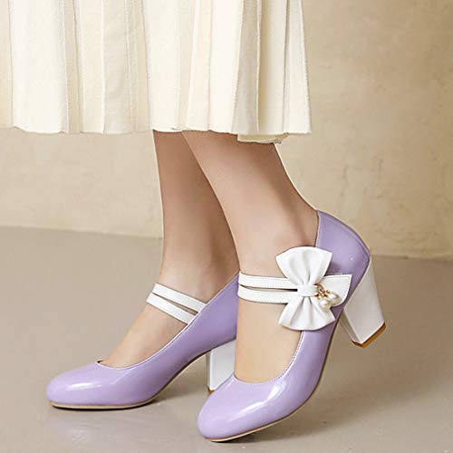 Parisuit Women's Chunky High Heels Mary Jane Pumps Vintage Ankle Strap Dress Sweet Shoes with Bow4