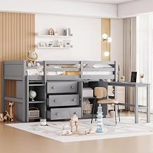 Twin Size Low loft Bed with Pull-Out Desk,Wood Kids Twin Loft Bed with Storage Drawers and Shelves,Low Twin Bed with Cabinet for Kids,Gray