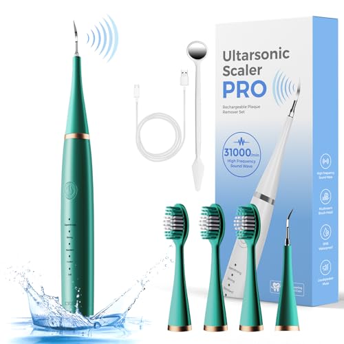 超音波歯クリーナー 口腔洗浄器 USB充電式 5つモード調節可能 2分間オートタイマー機能 IPX6防水 電動歯ブラシヘッド3個付き 超音波振動 クリーニングキット 日本語取扱説明書 (Green)