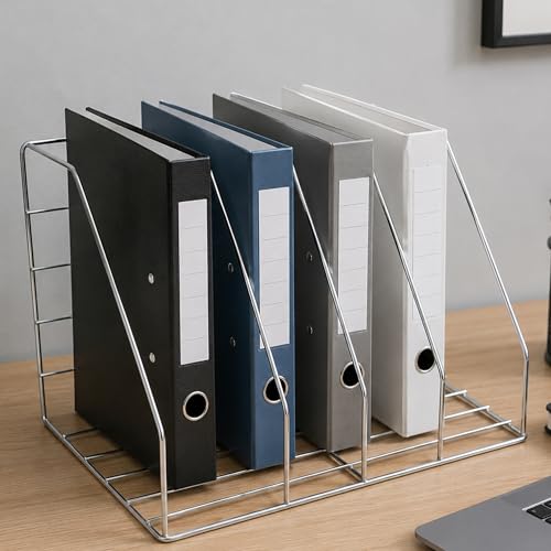 Image of Zepdos Stainless Steel File Organizer Rack for Desk, 4 Slot Magazine Holder & Document Organizer Stand, Wall Mounted Office File Holder for Books, Files Rack | Home & Office Desk Organizer