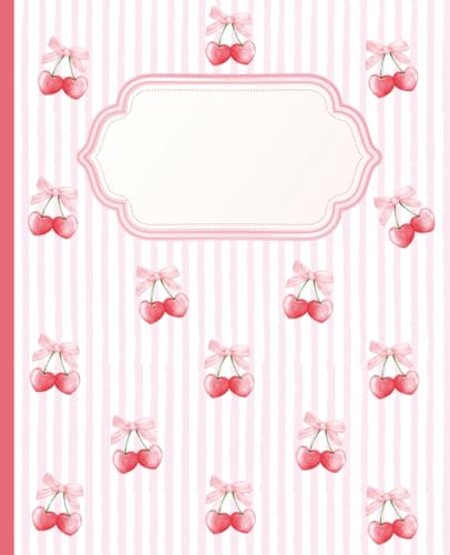 Composition Notebook: Cute Red Cherries and Bows, Pink Striped Coquette Cover Design, 120 wide ruled pages, 7.5 x 9.25 inches journal, For kids, teens and adults