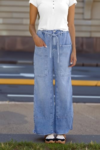 Cicy Bell Womens Wide Leg Jeans Vintage Mid Rise Baggy Boyfriend Belted Denim Pants with Pockets2