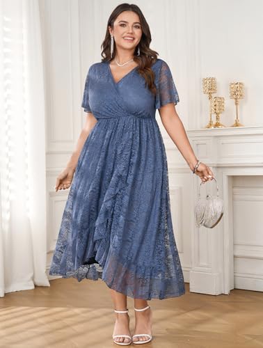 Image of SCOMCHIC Womens Plus Size Wedding Guest Dress Formal Lace Wrap V Neck High Low Short Sleeve Cocktail Maxi Dresses XL-4XL
