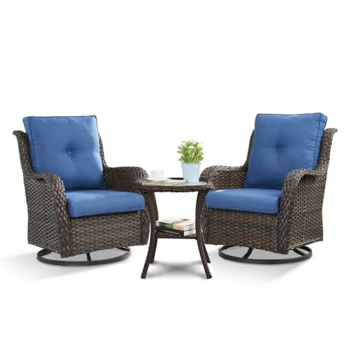 Image of Rilyson Patio Outdoor Wicker Swivel Rocker Chairs Set of 3, Blue Cushions | High Back and Deep Seating, All Weather, Water-Resistant, Removable Cover, Stain-Resistant, for Garden Backyard Deck