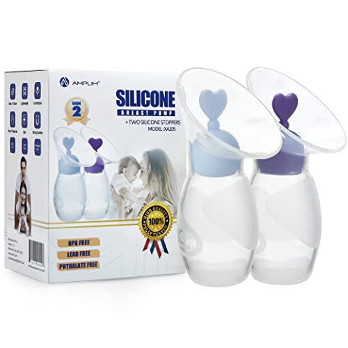 Image of Amplim Gen 2 Manual Breast Pump/Collector for Breastfeeding with Stopper (2-Pack 4 oz/100ml) Food Grade Silicone BPA PVC and Phthalate Free (4OZ-BPUR-2X, 2, Count)