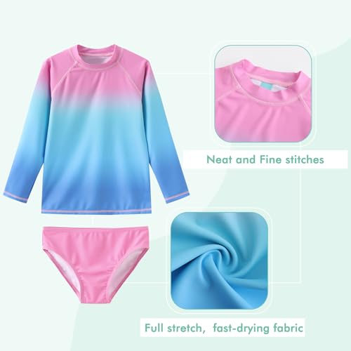 Image of Girls Two Piece Rash Guard Swimsuits Set Long Sleeve Bathing Suit with UPF 50+ Sun Protection Kids Sunsuits Swimwear Set