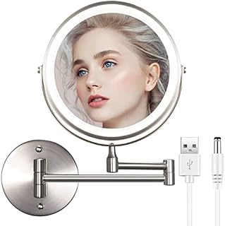 WITFAMILY 8'' Rechargeable Wall Mounted Mirror with 1X/10X Magnification, LED Magnifying Makeup Mirror with 3 Light Modes, 360 Swivel Double Sided Extendable Vanity Mirror, Touch Control & Auto Off