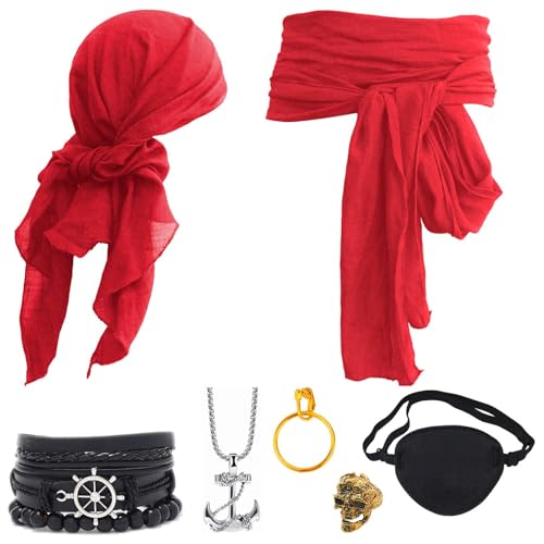 Ginkago 7PCS Accessoire Deguisement Pirate Homme et Femme Accessoires de Costume Pirate avec Ceinture Bandana Cache Oeil Pirate Boucles d'Oreilles Collier Bracelet Bague (Rouge)