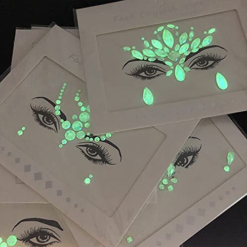 4pc Halloween Luminous Face Sticker Face Tattoo Sticker | Halloween Face Gems Stick On | Mermaid Face Gems Glitter | Noctilucent Face Jewels Crystal Waterproof Body Stickers Rhinestones for Halloween Rave Carnival Party