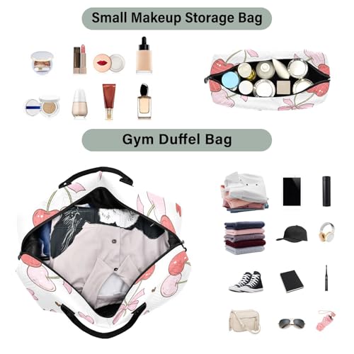 Red and Pink Cherry Pattern Duffle Bags for Women Men Waterproof Weekender Overnight Bags Hospital Bag Large Tote Bag with Toiletry Bag for Yoga Gym Travel Sport Hospital4