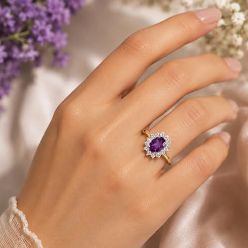 Image of Princess Diana Inspired Halo Birthstone Ring for Women Girls | Pure 925 Sterling Silver with AAA+ Natural Gemstone | 18K Gold-Plated | Best Gift for Birthday, Anniversary, or Valentine�s Day