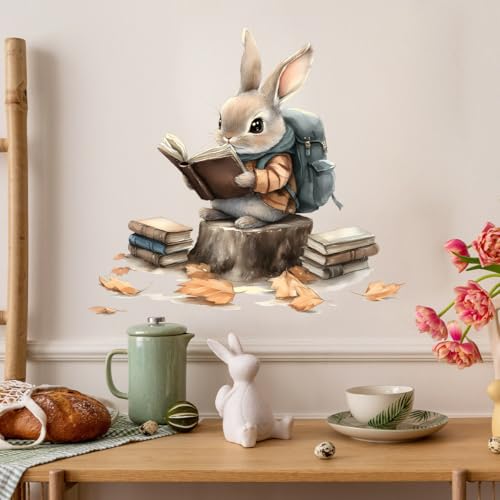 Vinilo decorativo de pared con conejo leyendo, removible y resistente al agua miniatura 2