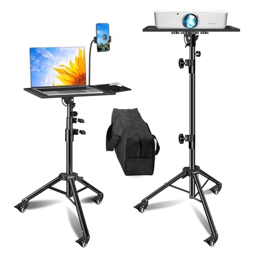 Projector Stand, Sturdy Durable Metal Laptop Tripod Stand with Wheels, Folding Floor Tripod Stand with Tray, Adjustable Height Portable DJ Equipment Stand for Indoors and Outdoors (31.9 Inch-61 Inch)