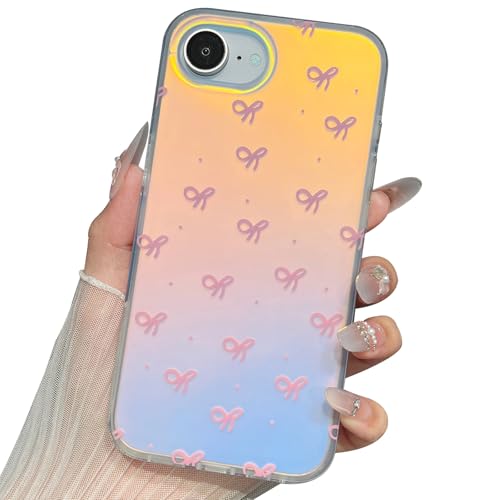 Jmltech for iPhone 16E Case Cute Iridescent Bowknot Women Trendy with Color Changing Hearts Girly Sparkle Shockproof Protective Phone Cases for iPhone 16E