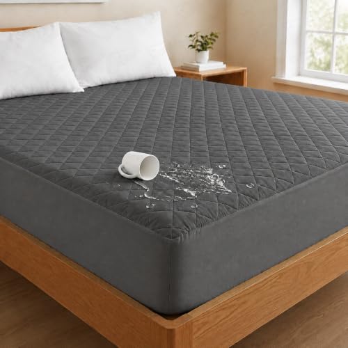Image of Lukzer 100% Waterproof Quilted Mattress Protector Grey King Size 72 x 72 Inches (6 x 6 ft) Cotton-Feel Bed Protector Soft Noiseless Hypoallergenic Breathable Elastic Fitted Mattress Cover /Bed Cover