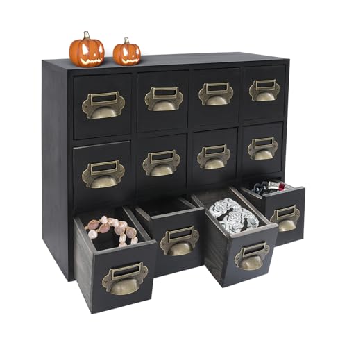 BAIODNB 12 Drawers Vintage Apothecary Cabinet with Drawers Tabletop Apothecary Drawers Library Card Catalog Cabinet Medicine Cabinets Wood Desk Organizer WoodenStorage Box (Black)