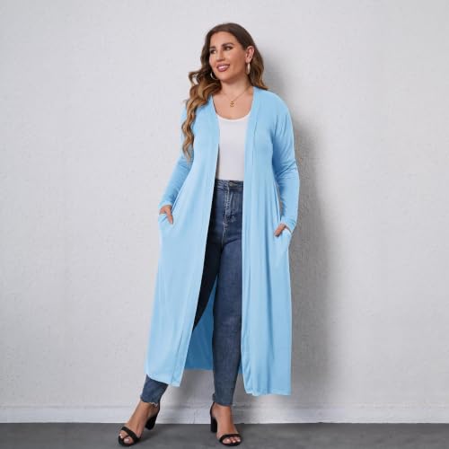 Image of Women Plus Size Floor Length Open Front Drape Cardigan Lightweight Long Sleeve Maxi Duster with Pockets 1X-5X