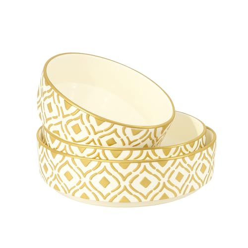 Image of Niyara Stoneware Handmade Ceramic Stylish Premium Serving Bowls, Salad Tray Microwave Dishwasher Safe, Ceramic Flat Serving Bowl Set of 3, Sizes: 600ml, 500ml, 450ml (Golden Salad)