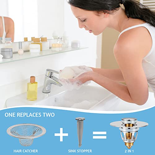 Image of 2Pcs Bathroom Sink Stoppers ,Pop Up Drain Stopper for Bathroom Sink,2-in-1 Sink Stopper & Strainer,Universal Wash Basin Sink Stopper,for 1.1 inch~1.5 inch Bathroom Sink Drain(Silver)