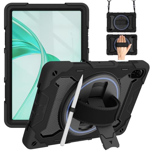 Junfire Case for Honor Pad X8a 11 inch 2024, Shockproof Rugged Protective Case with Screen Protector Rotating Kickstand Hand Strap Shoulder Belt Pencil Holder for Honor X8a Tablet 11", Black