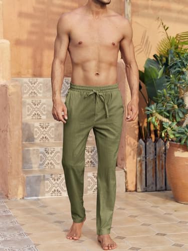 Image of PASLTER Mens Cotton Linen Pants Casual Summer Beach Pants Dress Trousers