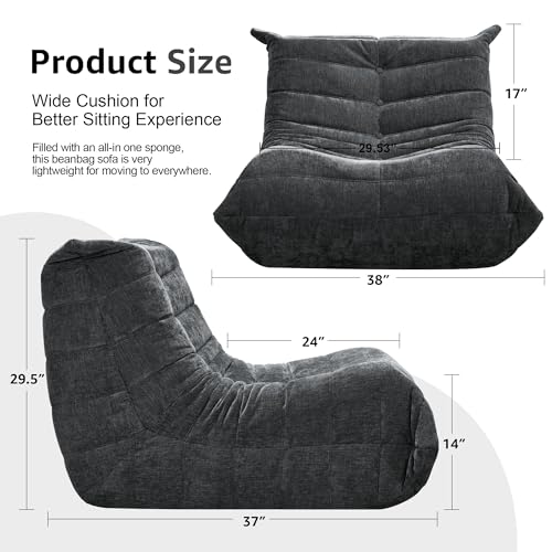 Image of Hobestluk Adults Bean Bag Chair Faux Fur BeanBag Couch for Living Room | Darkgrey Chenille,Ergonomic Design,Memory Foam,Anti-slip Bottom,No Assembly Required,Decorative Style for Living Room