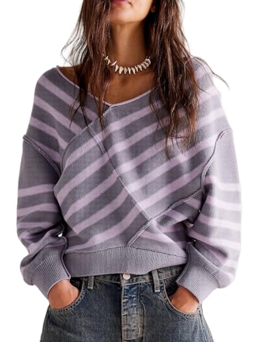 Image of Womens Oversized Off Shoulder Sweaters Striped Loose V Neck Cropped Long Sleeve Color Block Knitted Pullover