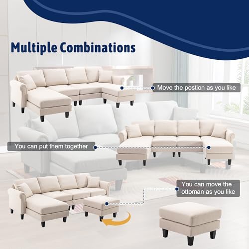 Image of Nathan 6 Seater L Shape Sofa with Centre Table | 6 Seater Sofa Set for Living Room | Premium Fabric Sofas (Nathan Cream, RHS)