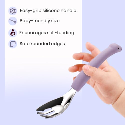 Image of Baby Spoon and Fork Set, Purple Silicone Toddler Cutlery Set with Dinosaur Case, 2 Pc, Self Feeding Utensils for Baby Meals School and Travel, Mealtime Essential