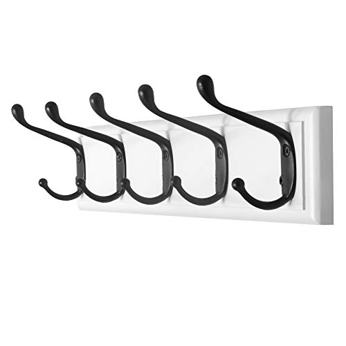 Wall Mounted Coat Rack DIY - Wood Board with 5 Double Metal Hooks - Heavy Duty Vintage Rustic Coat Hook Rail for Coat Hat Towels Robes Keys Entryway Mudroom MU-TE-BBHG51 White Black