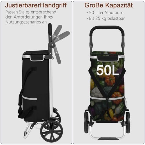 AMHANCIBLE Einkaufstrolley, Einkaufswagen mit Kühlfach, 50 Liter, 3in1klappbar Trolley, Einkaufstasche mit Rollen, Handwagen, Tasche abnehmbar, Schwarz EHSC01BK – Bild 7