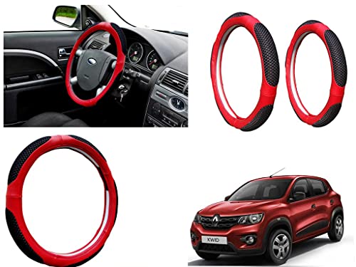 Image of Microfiber Car Steering Wheel Cover, Soft Padding Great Hand Feel, Anti-Slip, Faux Leather Steering Cover for Renault Kwid | Black Red Jali - Pack of 1