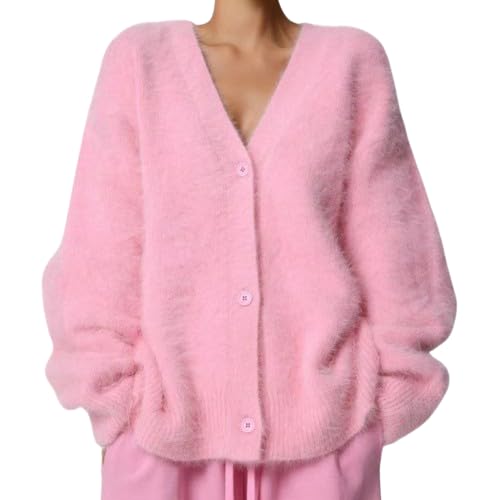 Image of Womens Fuzzy Sweaters Cardigan V-Neck Button Down Oversized Mohair Sweater Casual Y2k 2026 Fall Winter