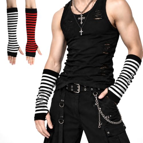 Chsoejuf 2 Pairs Punk Gothic Striped Arm Warmers Y2k Black White/Black Red