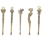 Obuyke 5 Pcs Tiny Snuffs Retro Brass Ear Metal Medicine Snuffs Scoops Pendants Necklace Mini Shovel for Filling Vials
