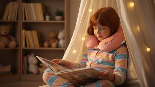 Image of Soft and Comfortable Cartoon Designed U-Shaped Kids Travel Neck Pillow for Airplane Car Flight Head Neck Support for Boys and Girls (Pack of 1, Peach)