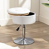 LUE BONA 360°Swivel Vanity Stool Chair for Makeup Room, Height Adjustable Stool for Vanity with Storage, Small White Faux Leather Vanity Stool for Bathroom, Living Room