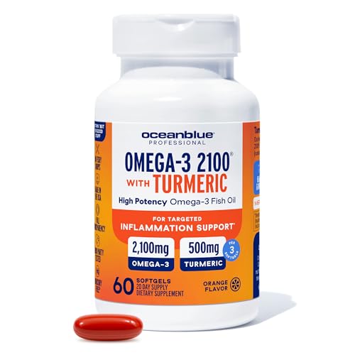 Oceanblue 2100 Triple Strength Omega-3 Fish Oil with Turmeric | Burpless Omega 3 Combo Supplement with Curcumin EPA DHA DPA| Heart and Joint Support | 60 Softgels
