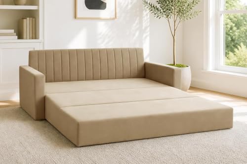Image of 3 Seater Sofa Cum Bed with Armrest, Velvet Fabric Sofa for Living Room, Space Saving Foldable Sleeper Sofa, (Golden)